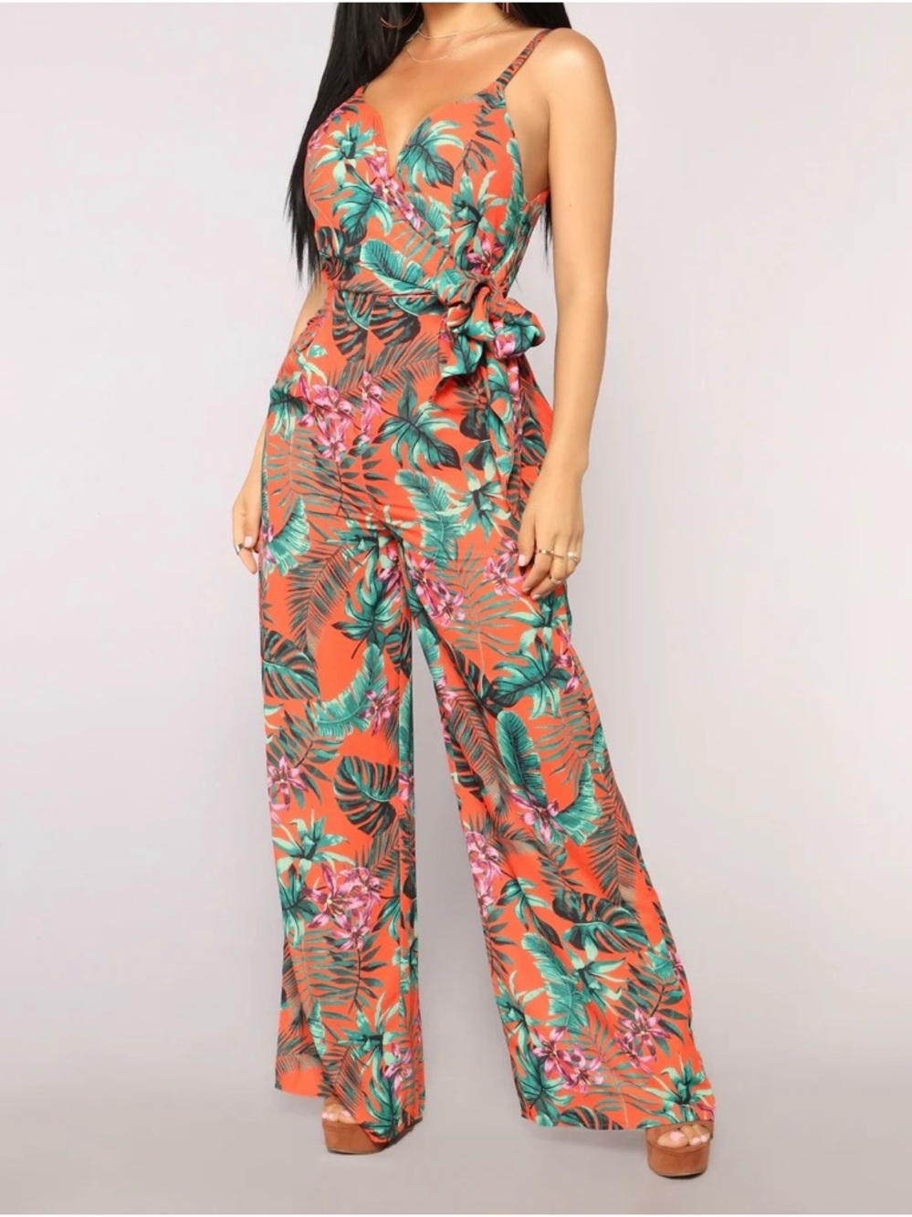 Floral Orange Tropical Wrap Jumpsuit